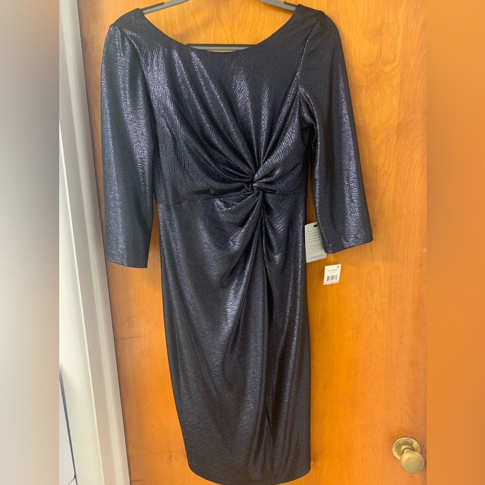 Alex Evening Midnight Blue Cocktail Dress, 3/4 sleeve with knitted waist detail